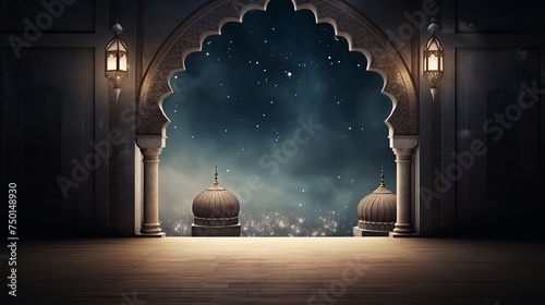 Islamic Eid Mubarak cards celebrate the festival of Eid-Ul-Adha against a backdrop of mosque arches, embodying the spirit of Ramadan Kareem. photo
