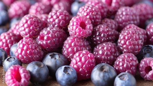 a pile of blueberries and raspberries sitting next to each other on a cutting board with blueberries and raspberries on top.