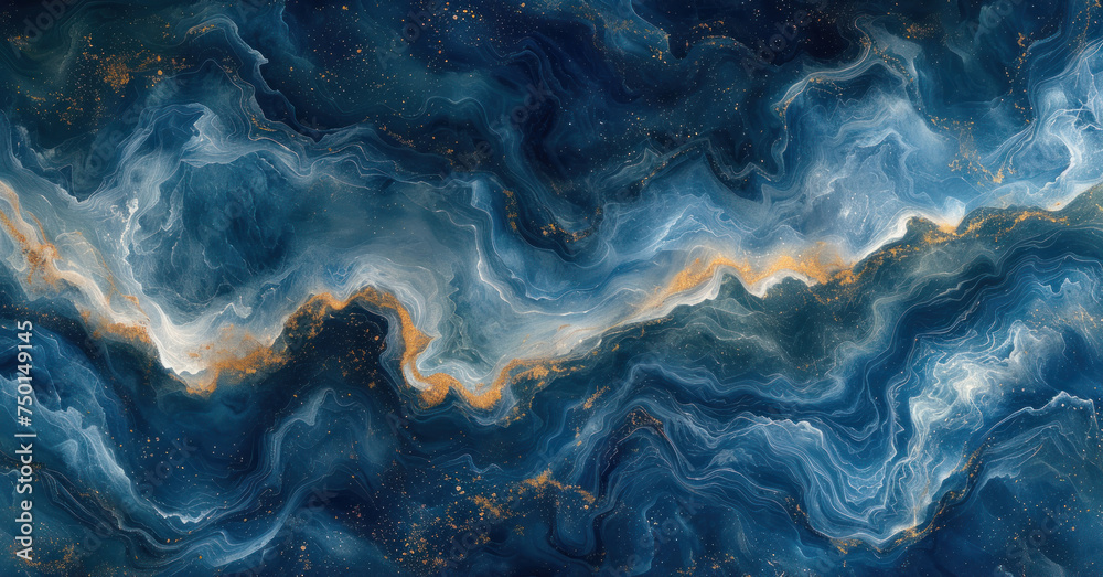 a painting of blue, gold and white swirls on a black background with space in the bottom right corner.