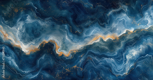 a painting of blue, gold and white swirls on a black background with space in the bottom right corner. photo