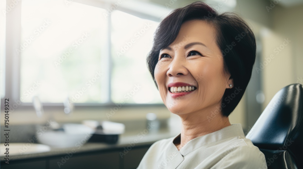 Confident smile: An Asian woman showcases her beautiful teeth, exuding dental confidence and a radiant smile.