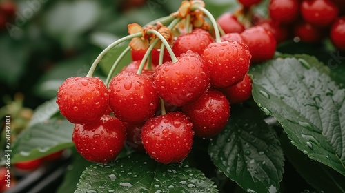 a bunch of red berries sitting on top of a green leafy plant with drops of water on the leaves.