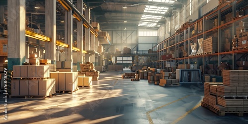 Sunlit Warehouse with Stacked Boxes © Orod
