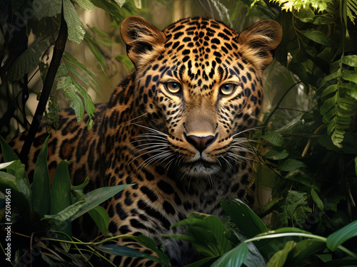 Close-up of a leopard in dense jungle