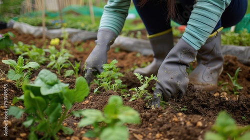Woman s hands in gloves planting sprouts while working in the garden. Ecology concept. AI Generated 
