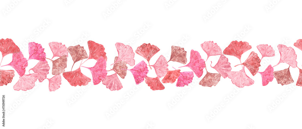 Seamless border with leaf imprints. Delicate pink biloba leaves. Ornate isolated on white background. Ginkgo, palm, dry abstract fan leaves. Watercolor illustration of leaf silhouettes