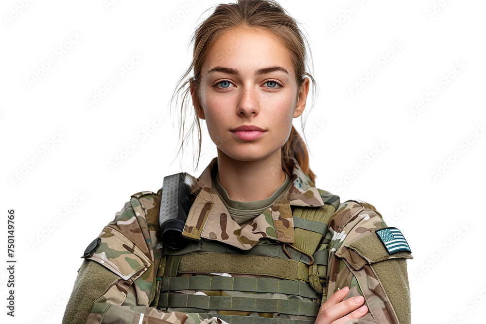 A patriotic portrait photo of a female soldier on a transparent ...