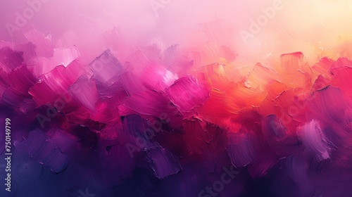  an abstract painting of pink, purple, and orange colors on a purple background with a pink and yellow stripe in the center of the painting is a horizontal line.