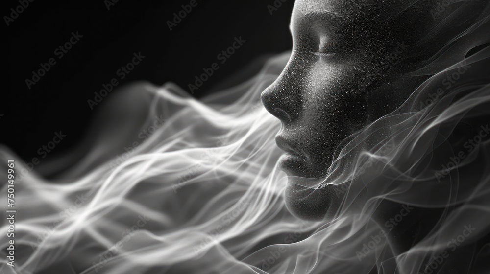  a black and white photo of a woman with her eyes closed and her hair blowing in the wind in front of a black background with white swirls of smoke.