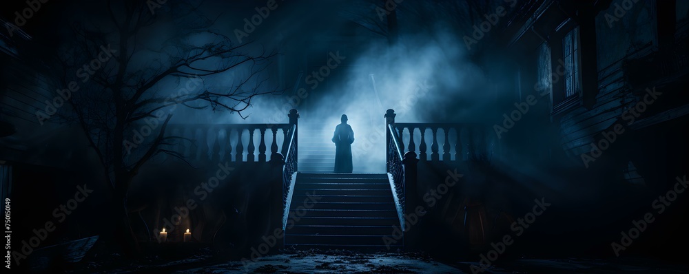 Eerie nighttime scene in haunted mansion with ghostly figure on staircase. Concept Ghostly Figure, Haunted Mansion, Nighttime Scene, Eerie Atmosphere, Staircase