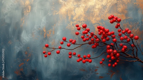  a painting of berries on a branch against a blue, yellow and brown background with a gold leafy branch on the left side of the painting has red berries on the right side of the branch. © Sonya