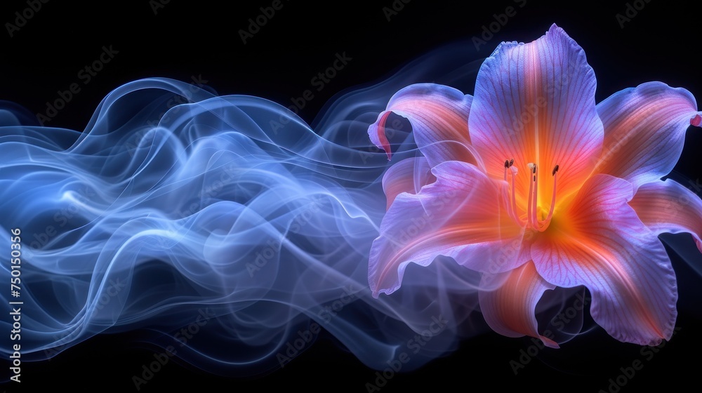  a close up of a flower on a black background with a blue and red smoke trail in the foreground and a red and white flower in the foreground. - obrazy, fototapety, plakaty 