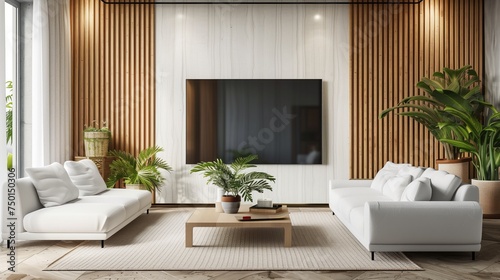 Modern Living Room Interior  White  Plants  Wood