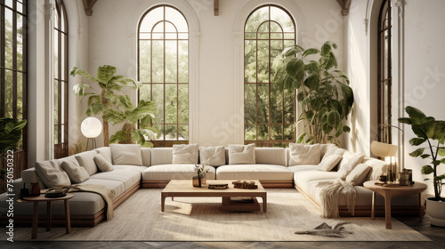 A modern living room with a large window  high ceilings  and plenty of plants to bring the outdoors in