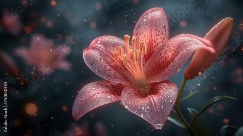  a close up of a pink flower with drops of water on it's petals and a blue background with a blurry boke of pink flowers in the foreground.