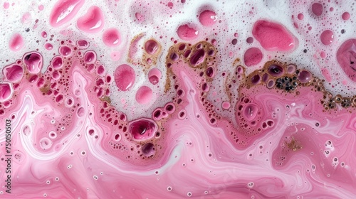 a close up view of a pink and white liquid with lots of bubbles on the bottom of the fluid and the bottom of the fluid.