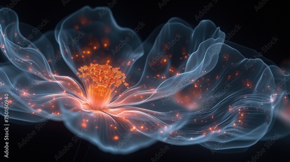 a close up of a flower on a black background with a blurry image of the center of the flower. a close up of a flower on a black background with a blurry image of the center of the flower.