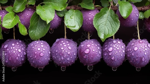 a bunch of purple fruit hanging from a tree with water droplets on them and green leaves on a black background. photo