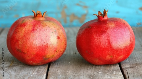 a couple of pomegranates sitting on top of a wooden table in front of a blue wall. photo