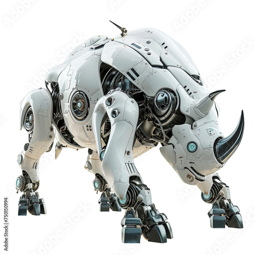 Angled view of white robotic animal Rhinoceros on white or transparent background