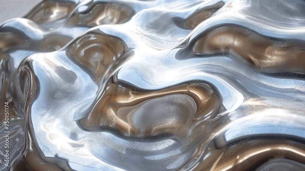 a close up of a metal surface with a lot of silver and gold paint on it's surface and it looks like it has a wavy design on the surface. a close up of a metal surface with a lot of silver and gold paint on it's surface and it looks like it has a wavy design on the surface.