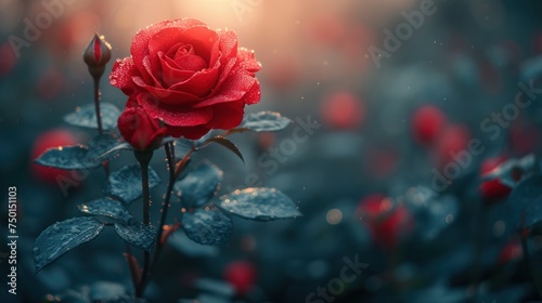  a single red rose with water droplets on it's petals in front of a blurry background of green leaves and red and blue flowers in the foreground.