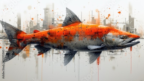  a painting of a fish in front of a cityscape with orange paint splatters on it's body and a black and white fish in the foreground. photo