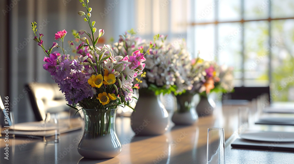 An artistic perspective of a boardroom table adorned with 4K HDR fresh flowers in chic vases, creating an inviting and sophisticated ambiance for corporate meetings.