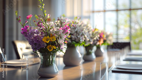 An artistic perspective of a boardroom table adorned with 4K HDR fresh flowers in chic vases, creating an inviting and sophisticated ambiance for corporate meetings.