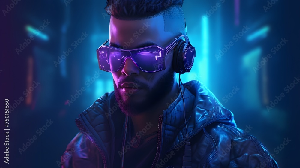 cyberpunk man wearing a futuristic headset, neon virtual glasses, and cyberpunk gear cyberpunk man wearing a futuristic headset, neon virtual glasses, and cyberpunk gear