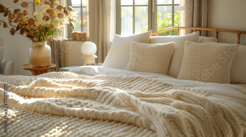 Close-up bed with beige bedding. Scandinavian interior design of modern bedroom.