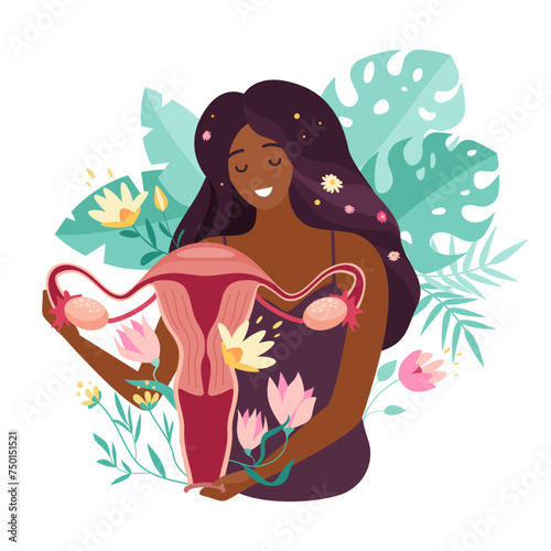 Care for female reproductive system, intimate health and fertility. Happy girl holding womb and flowers as feminine symbol of menstruation and menopause, pregnancy cartoon vector illustration