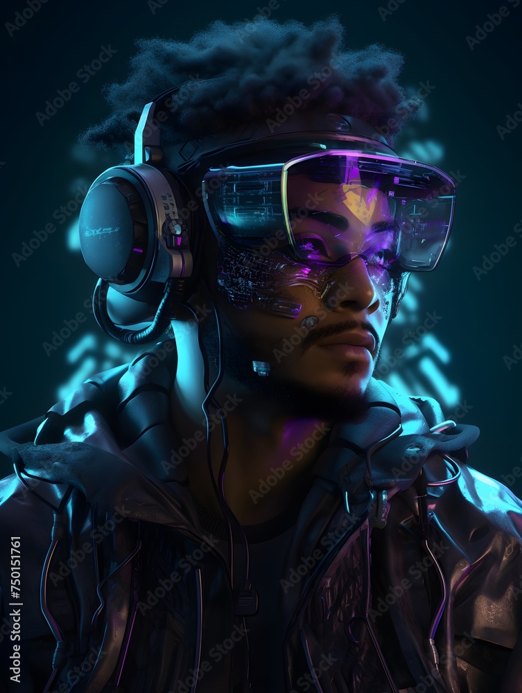 cyberpunk man wearing a futuristic headset, neon virtual glasses, and cyberpunk gear cyberpunk man wearing a futuristic headset, neon virtual glasses, and cyberpunk gear