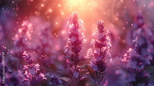 a field of purple flowers with the sun shining through the clouds in the backgrounnd of the photo.