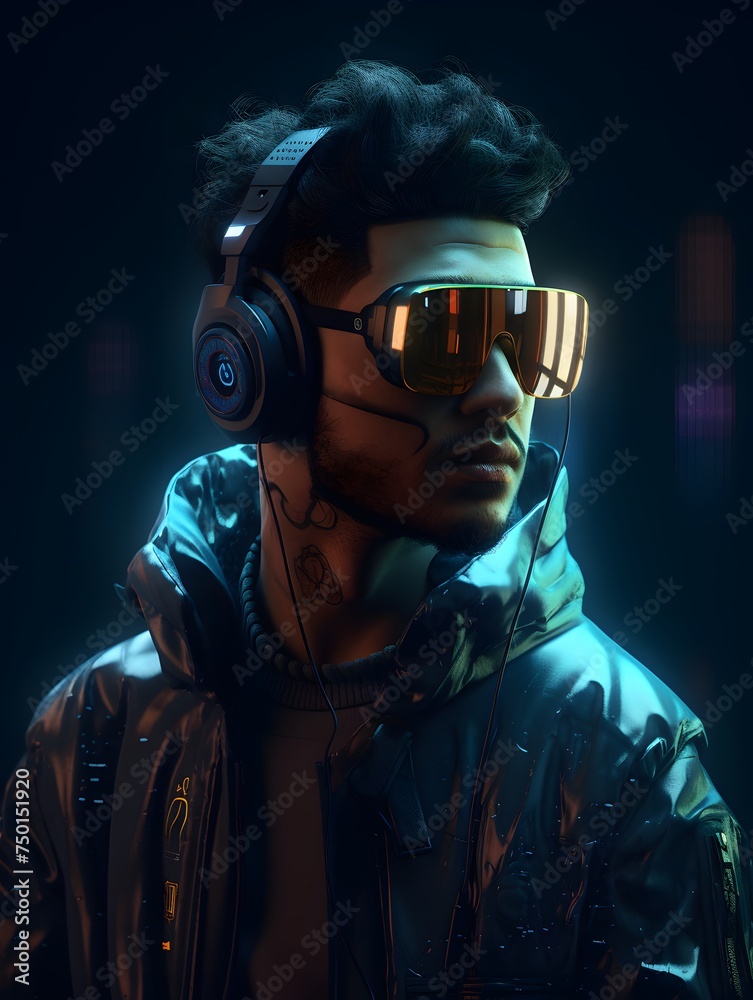 cyberpunk man wearing a futuristic headset, neon virtual glasses, and cyberpunk gear