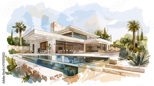 Spanische Villa Pool Moderne Architektur Haus Luxus Ferienvilla Immobilie Vektor Wasserfarben Ibiza Mallorca