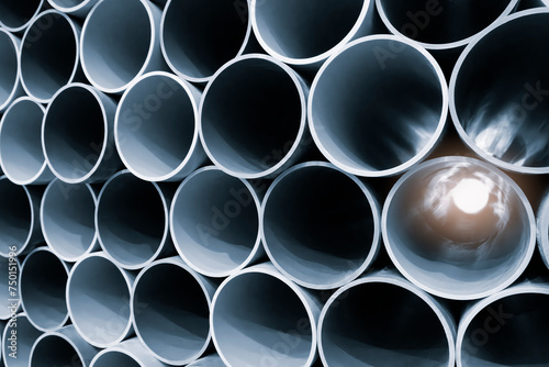 Metal or plastic pipes lie in a row as an industrial background or template for a website or page