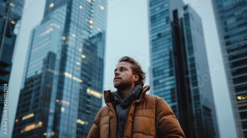 A Scandinavian man, his light hair contrasting with the urban skyline, stands as a beacon of strength against the city's skyscrapers.