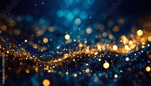 abstract background with Dark blue and gold particle. Christmas Golden light shine particles bokeh on navy blue background. Gold foil texture.