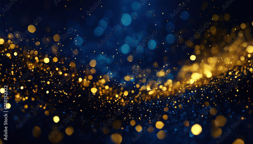 abstract background with Dark blue and gold particle. Christmas Golden light shine particles bokeh on navy blue background. Gold foil texture. - obrazy, fototapety, plakaty 