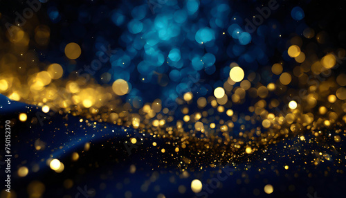 abstract background with Dark blue and gold particle. Christmas Golden light shine particles bokeh on navy blue background. Gold foil texture.