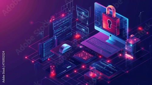 An isometric illustration shows personal data security, with a computer and lock representing protection of online file servers, ideal for web banners photo