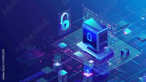 An isometric illustration shows personal data security, with a computer and lock representing protection of online file servers, ideal for web banners