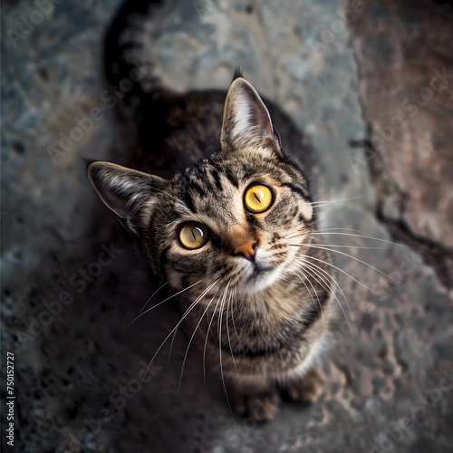 Curious Tabby Cat Gazing Upward on a Textured Cobblestone Path