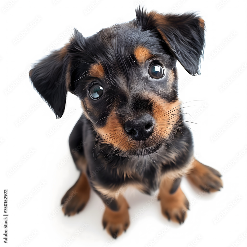 Adorable Black and Tan Puppy With Big Eyes Sitting Attentively Against White Background
