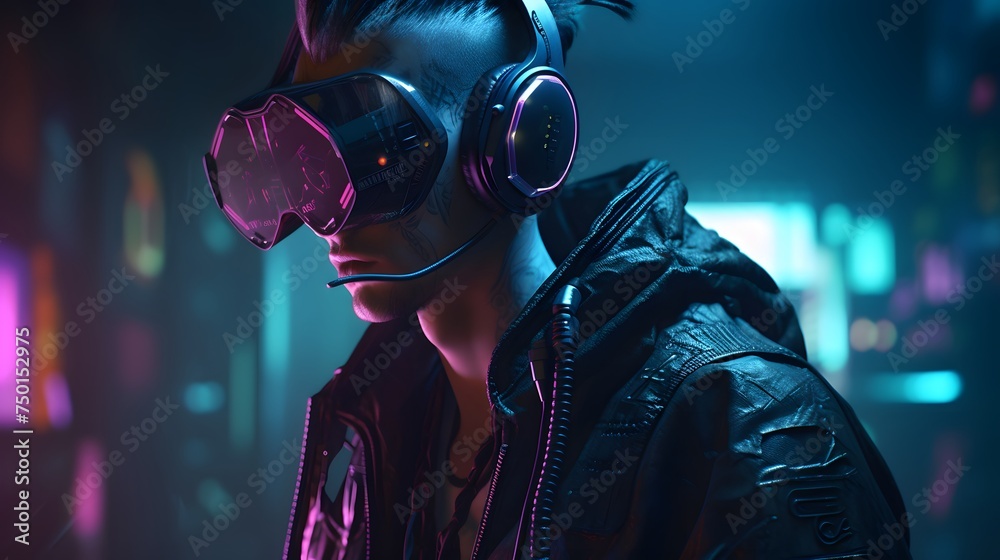 Naklejka premium cyberpunk man wearing a futuristic headset, neon virtual glasses, and cyberpunk gear
