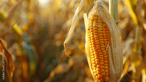 Ripe yellow corn cob in field.