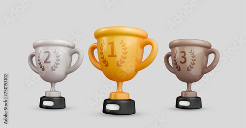 Champion cups collection. Golden, silver, bronze bowls set 3d vector realistic cartoon design element. Sport tournament awards. Champion trophy collection on white background.