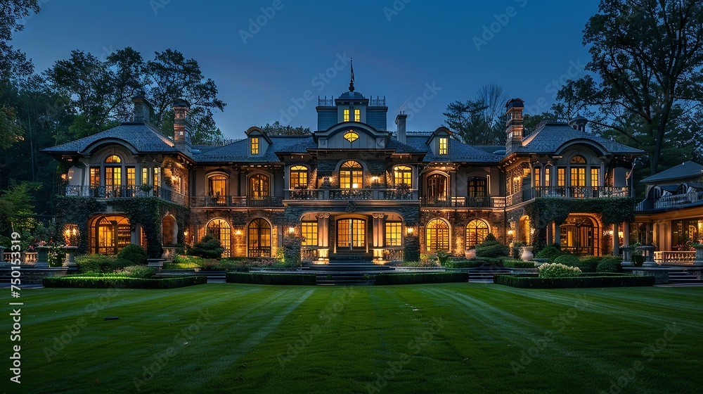 Luxurious Home at Night with Manicured Lawn

