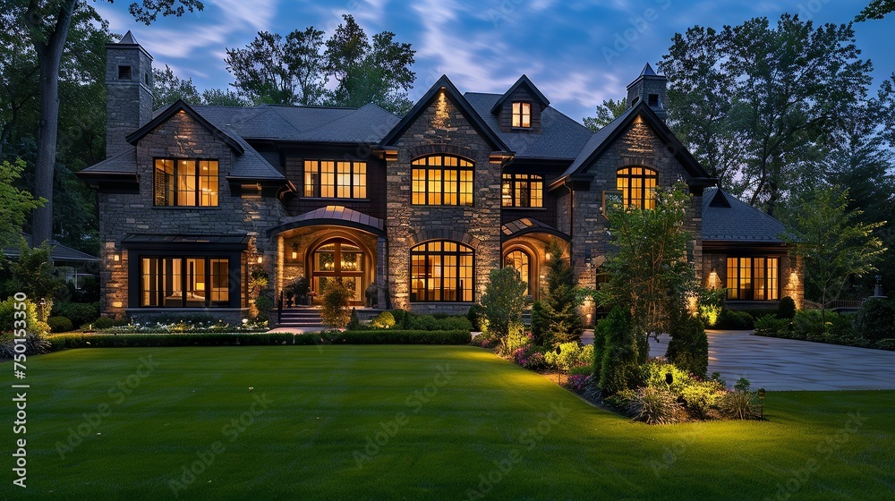Luxurious Home at Night with Manicured Lawn


